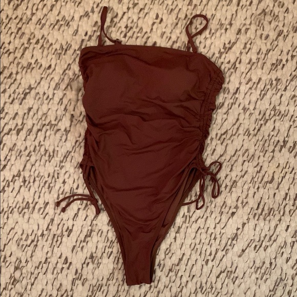 Yonique Strapless One Piece Swimsuit Tummy Control Cheeky Swimwear (Brown) - Picture 3 of 17